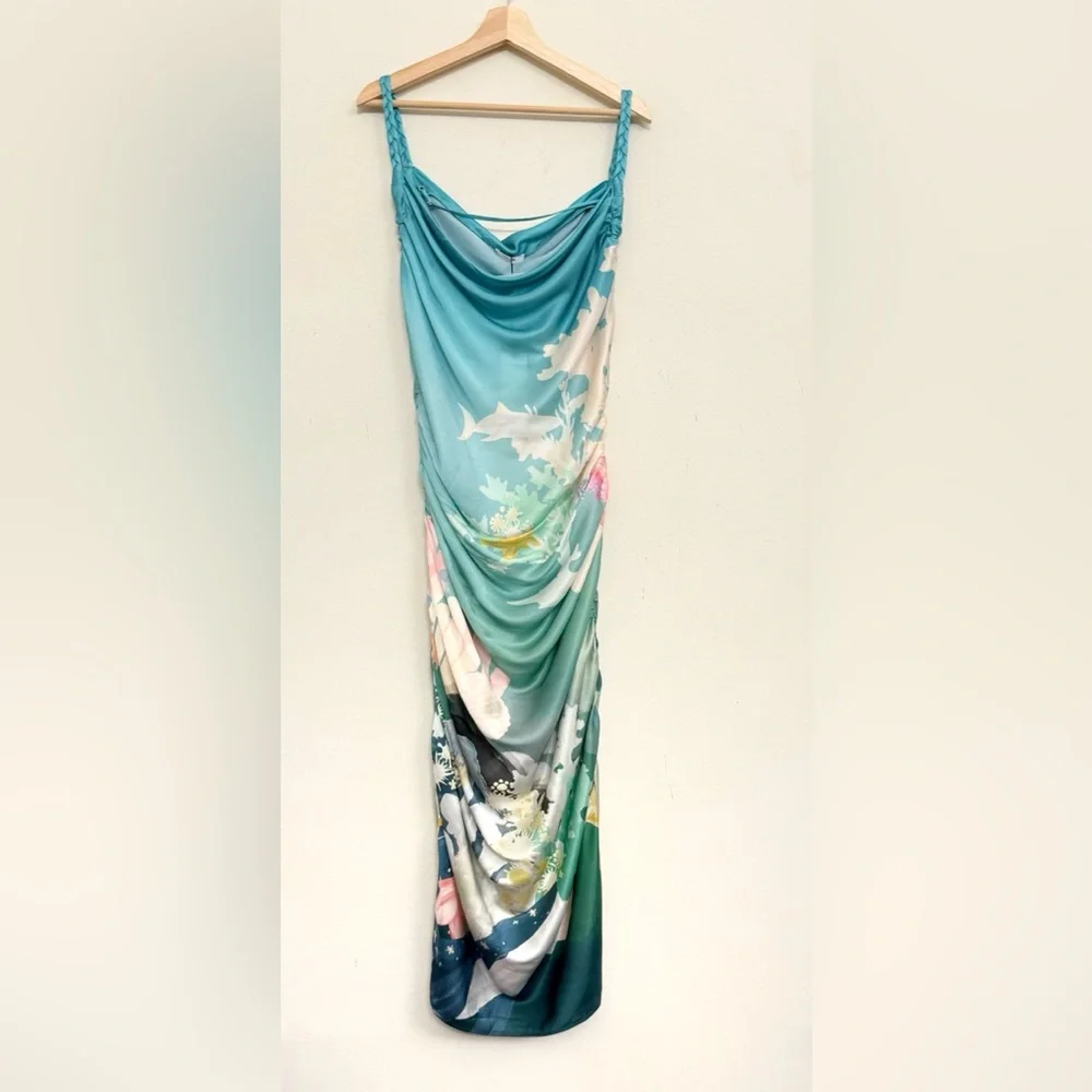 NWT Leo Lin Rachel Cowl Neck Silk Slip Dress Neptune Print in Sea Grass Size 12 - Picture 9 of 16